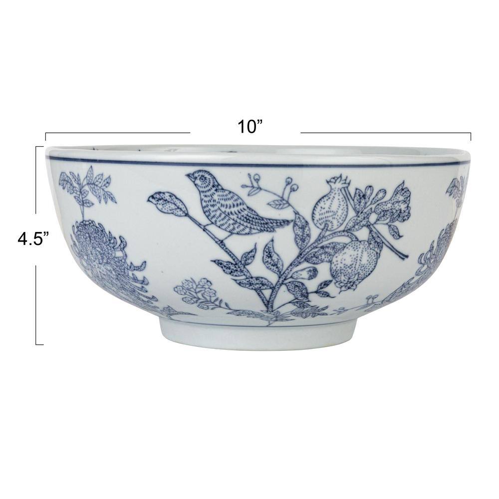10 in. 105 fl. oz. Blue & White Aviary Garden Stoneware Stoneware Serving Bowl