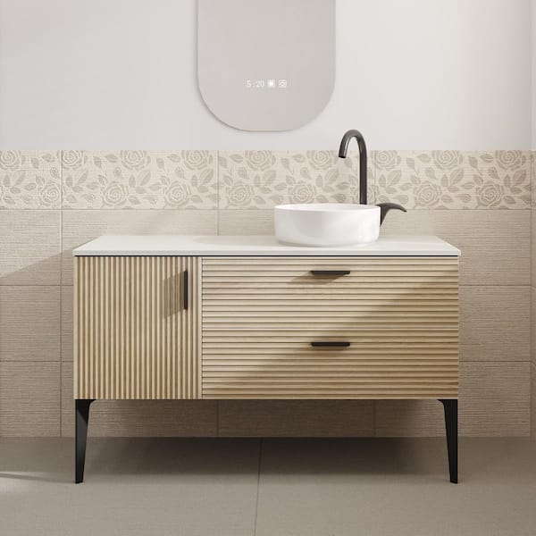 Aaby 48 in. W x 19 in. D Wall Mounted Floating Bath Vanity Cabinet in Brown with White Engineered Stone Top and Sink