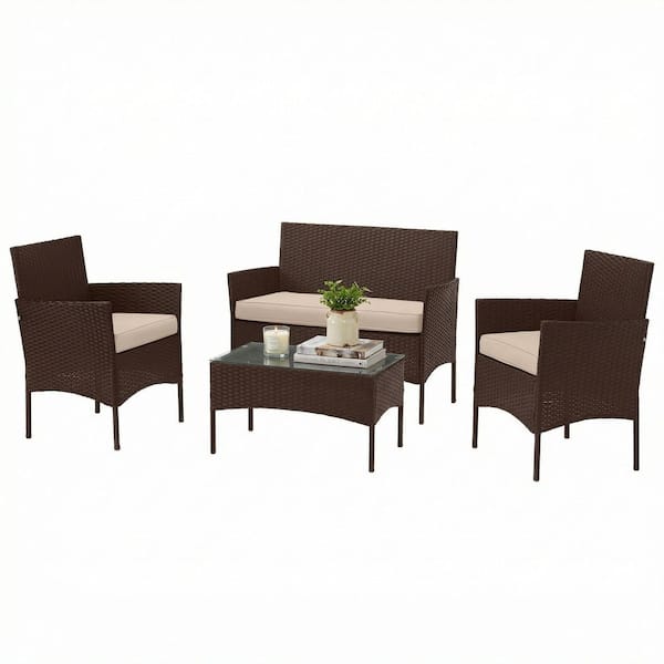 4-Piece Rattan Patio Furniture Set - Couch with Table and 2 Patio Chairs with Beige Removable Seat Cushions, Brown