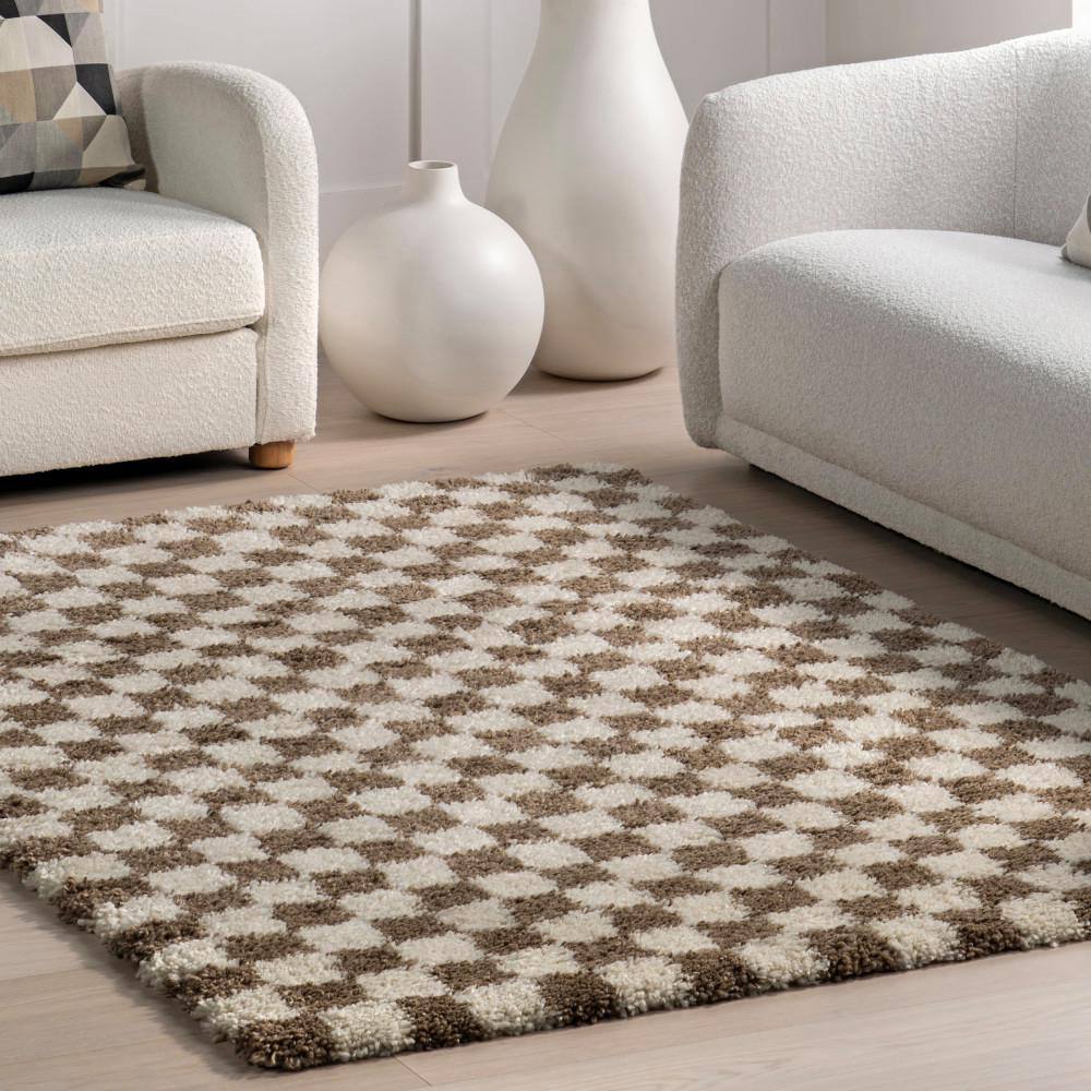 Beige and Brown Checkered Shag Synthetic Area Rug 6' x 9'