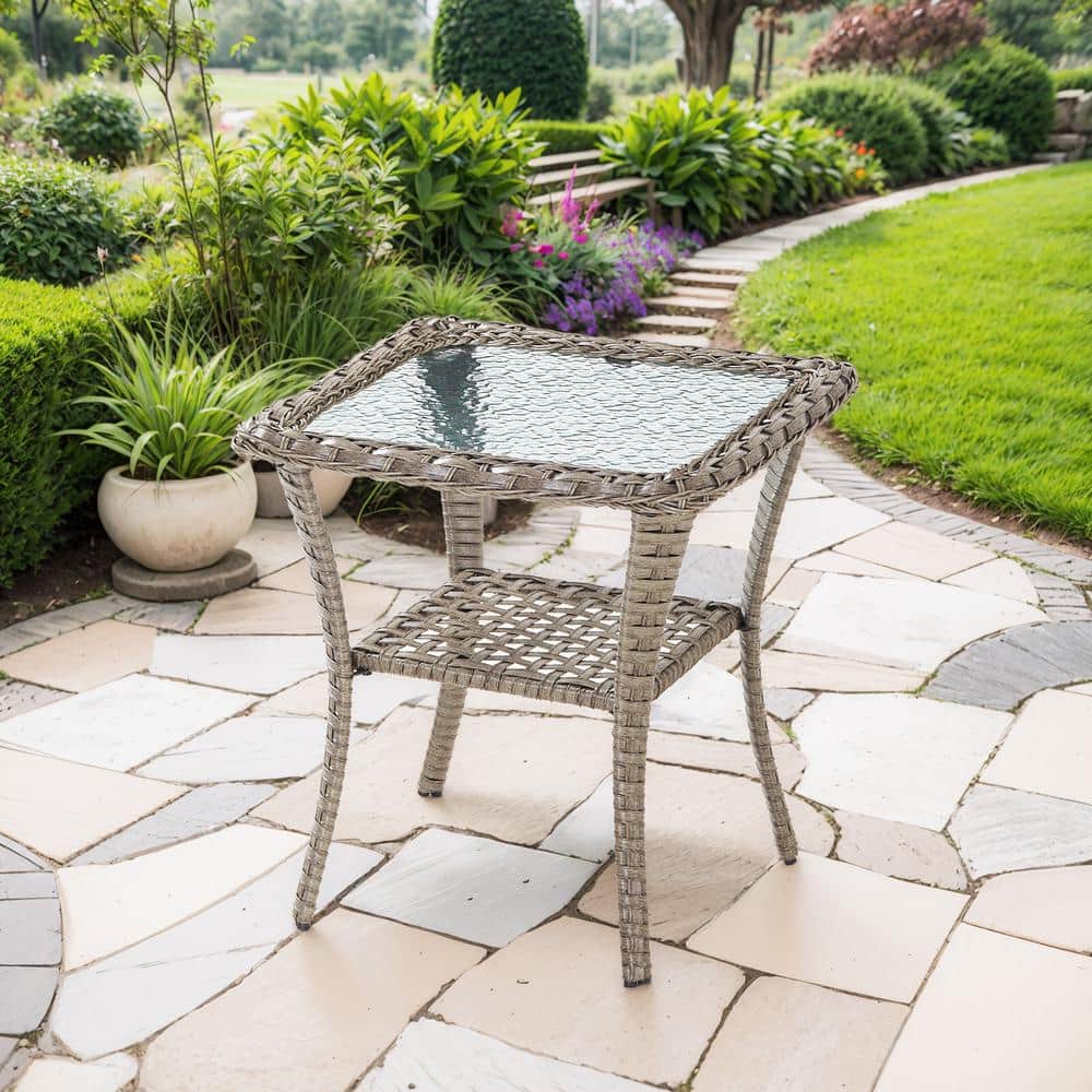 Carlos Gray Steel and Wicker Outdoor End Table with Glass Top