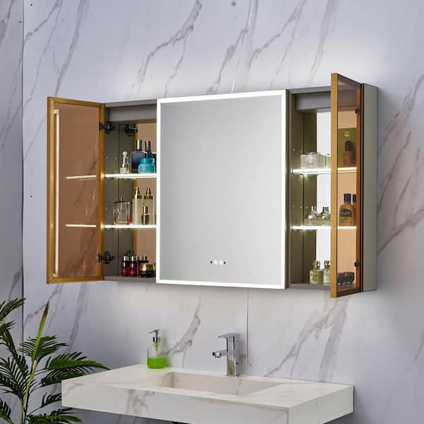 Wall-Mounted LED Bathroom Medicine Cabinet w/ 3-Tier Storage Shelves, Dark  Wood