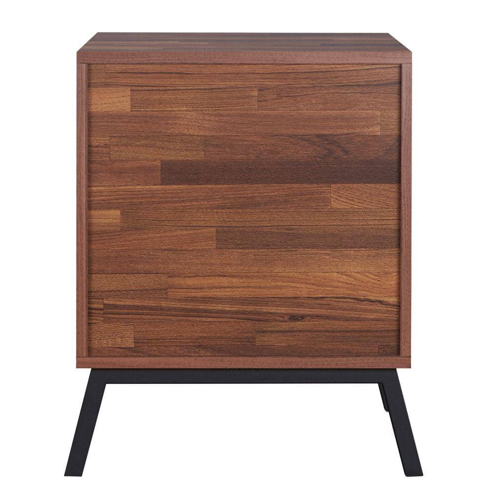 Walnut Brown and Black Wood End Table with Metal Legs and Storage