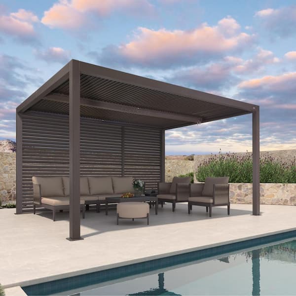 12 ft. x 14 ft. Bronze Aluminum Louvered Pergola with 2 Adjustable Rainproof Roofs and 1-Long Side Fixed Shutter Wall