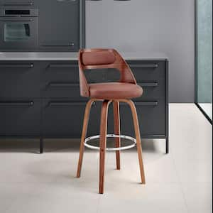 Julius 26 in Counter Height Stool w/ High Back Brown Faux Leather and Walnut Wood Finish