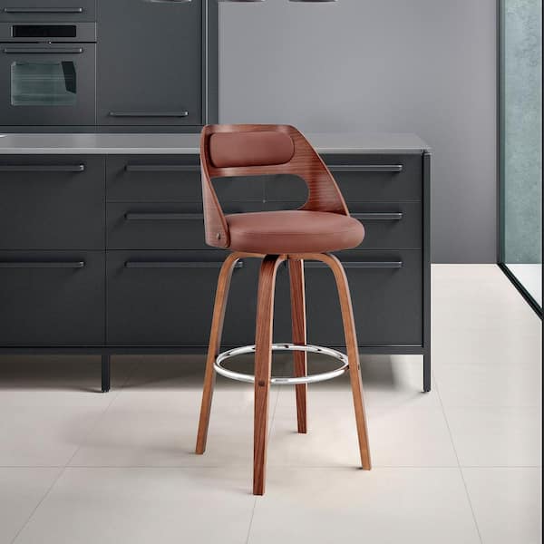 Armen Living Julius 26 in Counter Height Stool w/ High Back Brown Faux Leather and Walnut Wood Finish