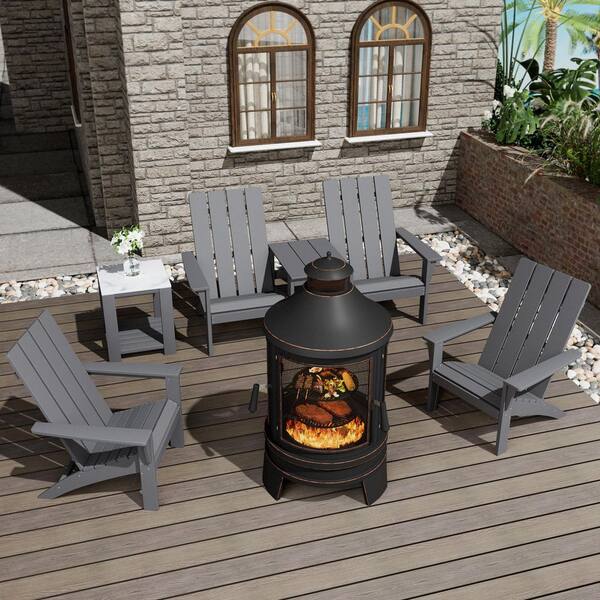 6-Piece Patio Gray Classic HDPE Poly Plastic Outdoor Adirondack Chair Set with a Wood Stove, 3 Chairs and 2 Side Tables