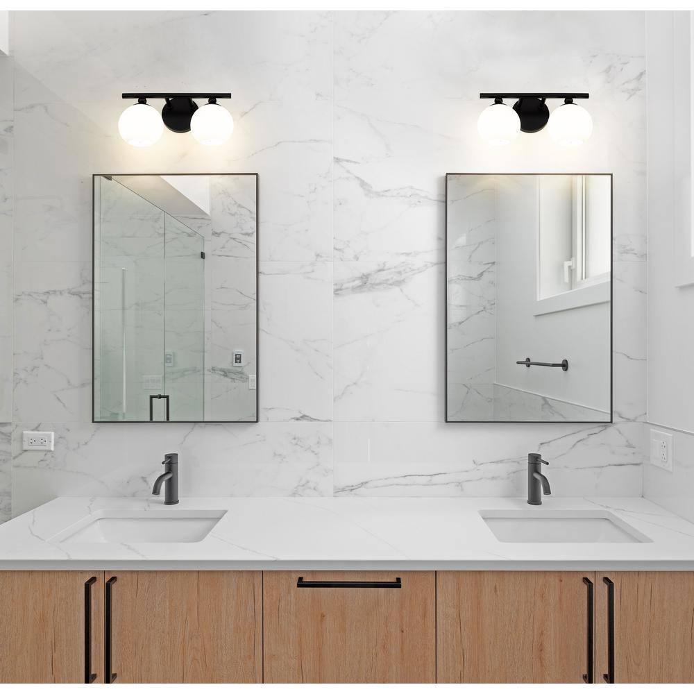 Matte Black and Opal Glass 2-Light Bathroom Vanity Fixture