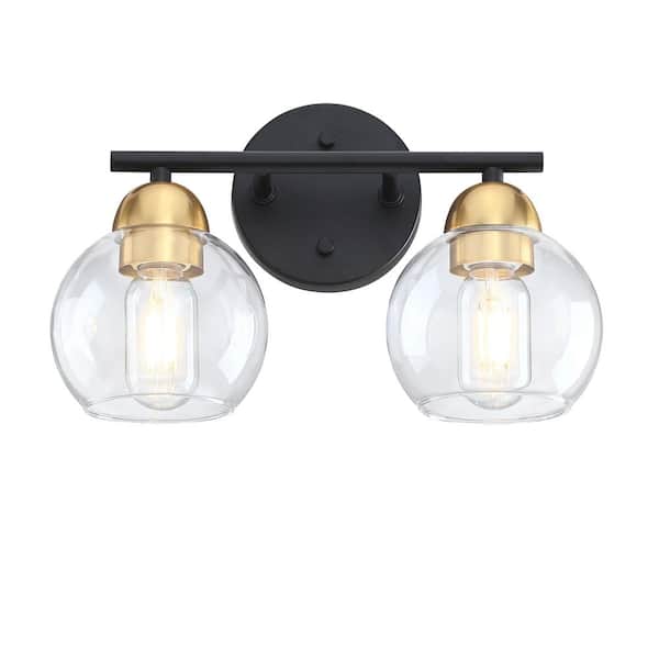 13 in. Black and Gold 2-Light Bathroom Vanity Light Over Mirror with Globe Glass Shade