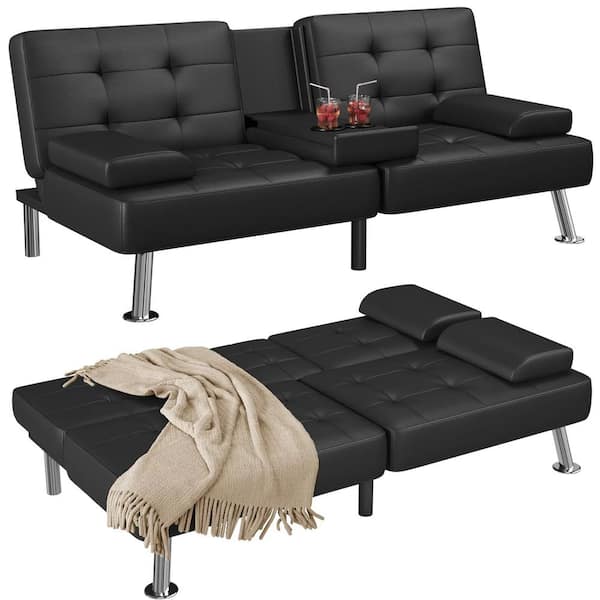 65 in. Convertible Folding Futon Sofa Bed, Black Faux Leather Upholstered Roomy Love Seat