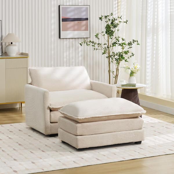 Modern Beige Corduroy Velvet Accent Armchair with Ottoman for Living Room