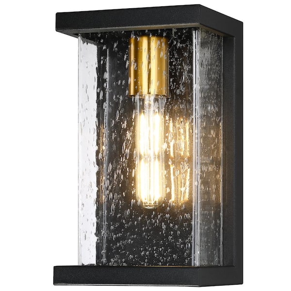 pasentel 11.25 in. Black Outdoor Hardwired Wall Lantern Scone with Seeded Glass