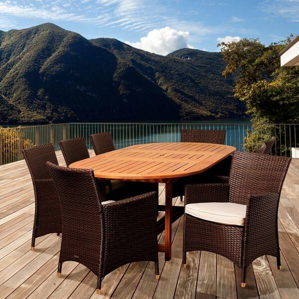 Amazonia Halen 9-Piece Eucalyptus Extendable Oval Patio Dining Set with Off-White Cushions