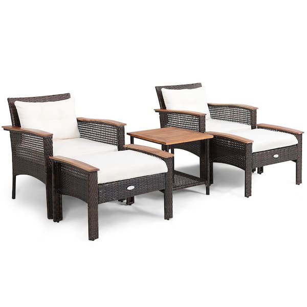 ANGELES HOME 5-Piece Wicker Patio Conversation Set with Off white Cushions and Acacia Wood Table