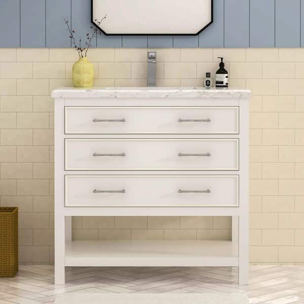 HOMEVY STUDIO Smania 36 in. W x 22 in. D x 35.63 in. H Single Sink Freestanding Bath Vanity in Matte White with Carrara Marble Top