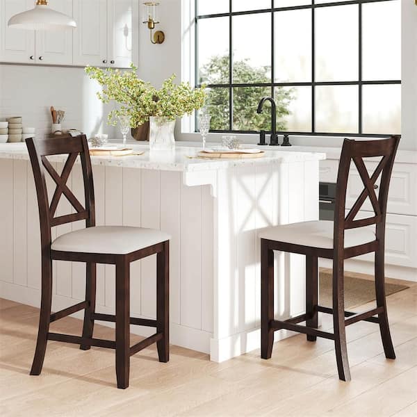 40 in. H Walnut High Back Wood Bar Stool with Fabric with Curved Backrest and Footrest Counter Height Stools (Set of 2)