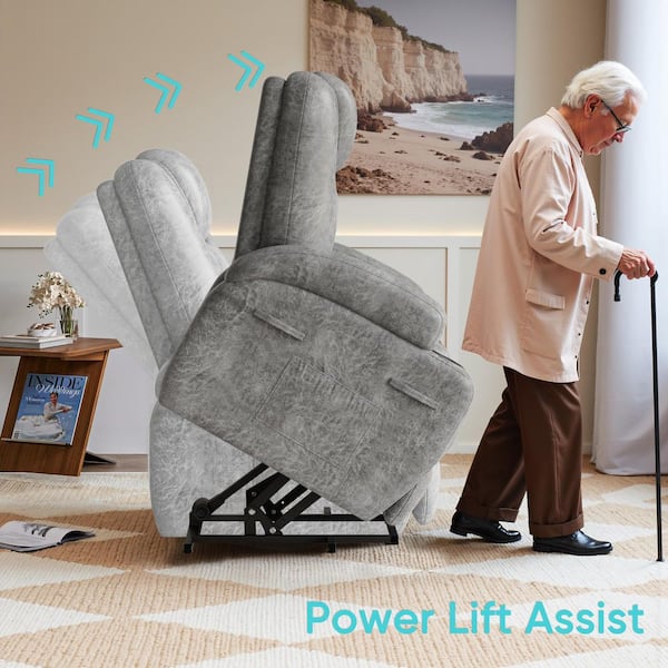 Power Lift Recliner Chair (Leathaire) with Massage for Elderly Ergonomic, Recliner with 2-Cup Holders Side Pockets, Grey