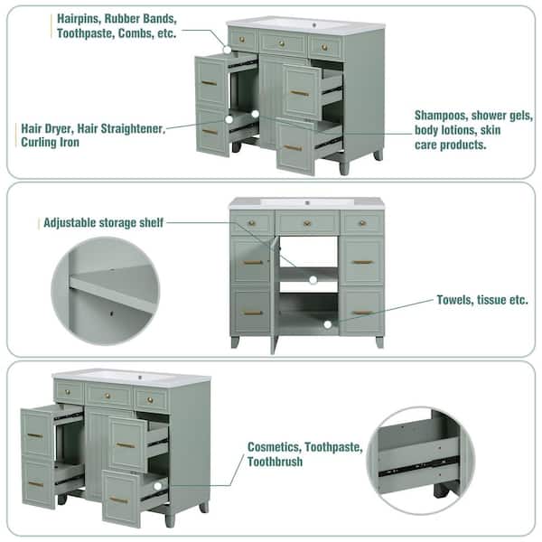 36 in. W x 18 in. D x 34.3 in. H Green Linen Cabinet with 3
