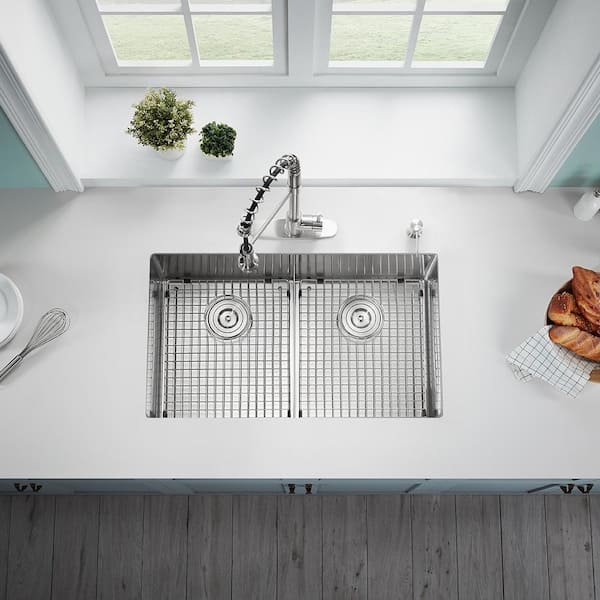 Stylish S-202XTG 32 Low Divider Double Undermount and Drop-In Kitchen Sink