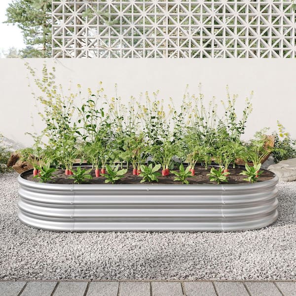 Cisvio Raised Garden Bed Outdoor, Oval Large Metal Raised Planter Bed for for Plants, Vegetables, and Flowers-Silver
