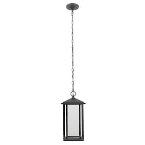 Mauvo Canyon Modern 1-Light Black Integrated LED Outdoor Dusk to Dawn Large Pendant Light with Seeded Glass