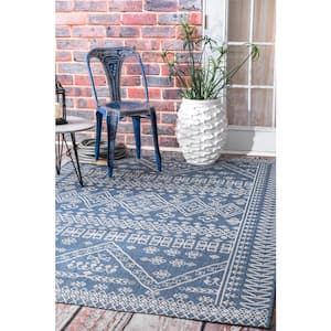 Kandace Tribal Blue 9 ft. x 13 ft. Indoor/Outdoor Patio Area Rug