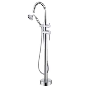 2-Handle Claw Foot Freestanding Tub Faucet with Hand Shower Brass Floor Mount Bath Tub Filler in Polished Chrome