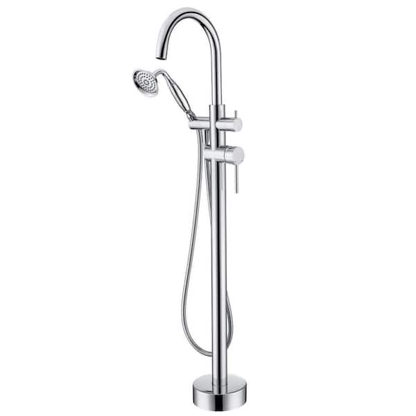 FLG 2-Handle Claw Foot Freestanding Tub Faucet with Hand Shower Brass Floor Mount Bath Tub Filler in Polished Chrome
