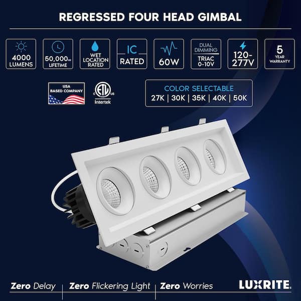 4-Head Integrated LED Rectangular Regressed Gimbal Recessed Light, 360°+15° Swivel, 5CCT, CRI90,60W, 4000LM, Dimmable