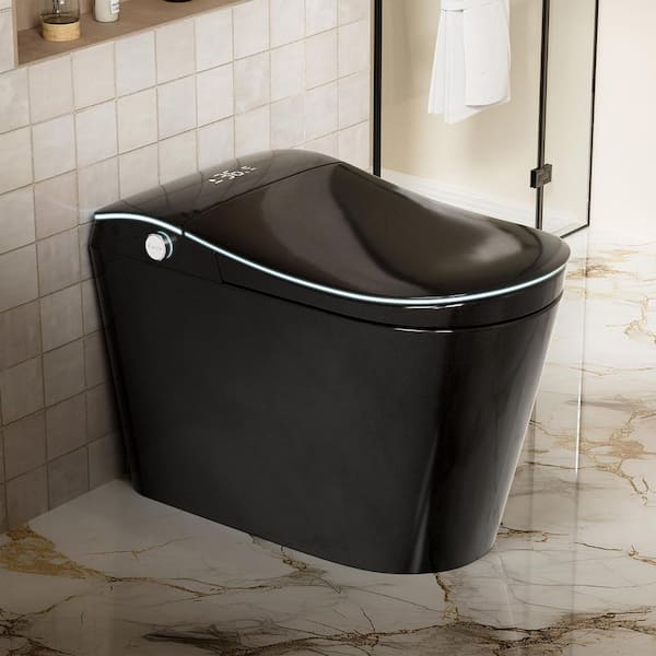 Elongated Round Bidet Toilet 1. 28GPF in Black with ADA Comfort Height, Female Cleaning&Foot Sensor with 1000g MAP Flush