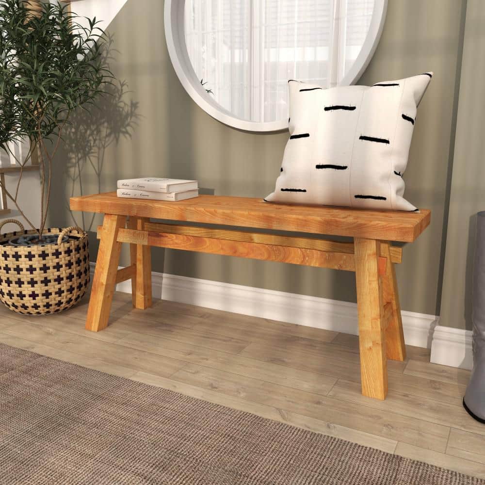 Rustic Trestle-Legged Pale Brown Wood Storage Bench