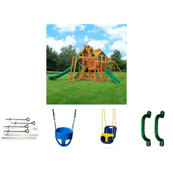 Wooden Outdoor Playground Set with 3 Slides, Sandbox, Swing Set, Monkey Bars, Full-Bucket and Infant Swing