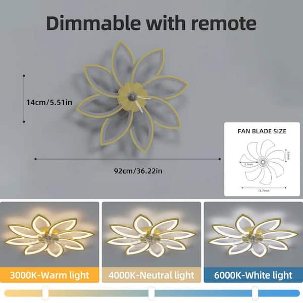 36.22 in. Indoor Gold Low Profile Modern Flower Ceiling Fan with Dimmable Integrated LED and Remote Included for Bedroom