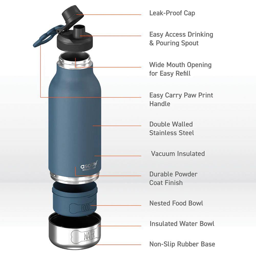 Blue Stainless Steel Insulated Dog Water Bottle with Bowls