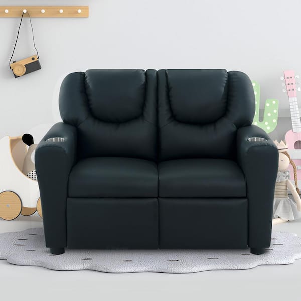 Black Push Back Kids Loveseat with Footrest & Cup Holders, Recline, Relax, Rule in PVC Comfort