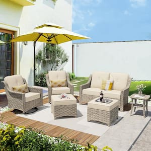 Tulip L Gray 6-Piece Wicker Patio Outdoor Conversation Sofa Set with Swivel Rocking Chairs and Beige Cushions