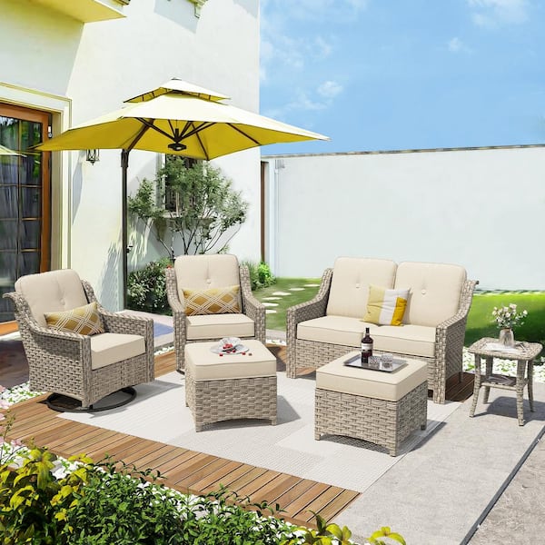 weaxty W Tulip L Gray 6-Piece Wicker Patio Outdoor Conversation Sofa Set with Swivel Rocking Chairs and Beige Cushions