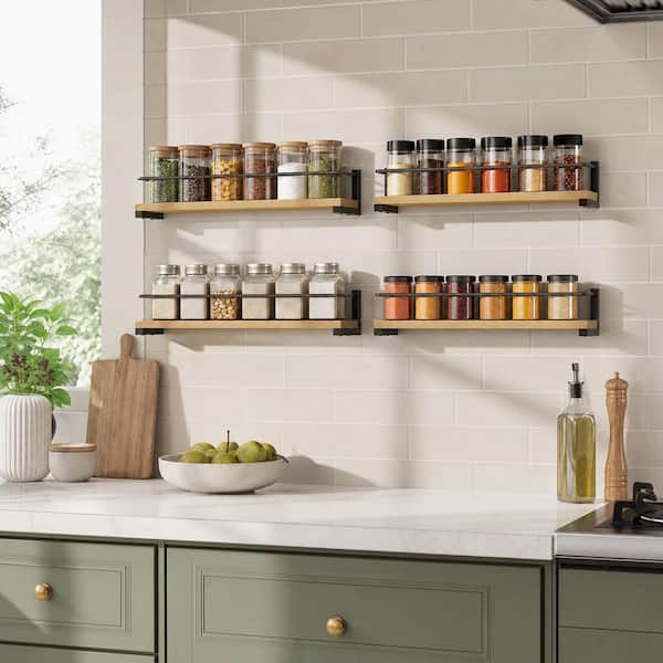 15.7 in. Rustic Wood Wall Mounted Spice Rack, Hanging Rack for Kitchen (4-Pack)