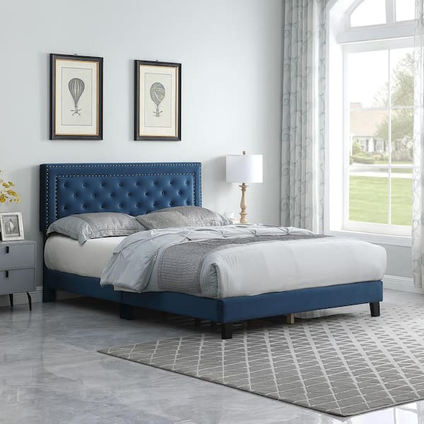 Morden Fort Blue Velvet Tufted Full Bed, Blue Bed Frame Ideas