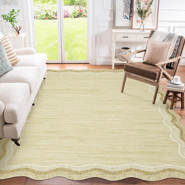 Washable Carpet Beige 9 ft. x 12 ft. Soft Non-Slip Thin Area Rug Irregular Solid Color Decorative Carpet
