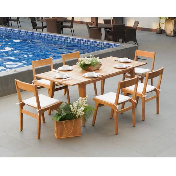 Direct Wicker Ariel Teak 7 Piece Wood Rectangular Outdoor Dining Set With White Cushions Dwd 6820