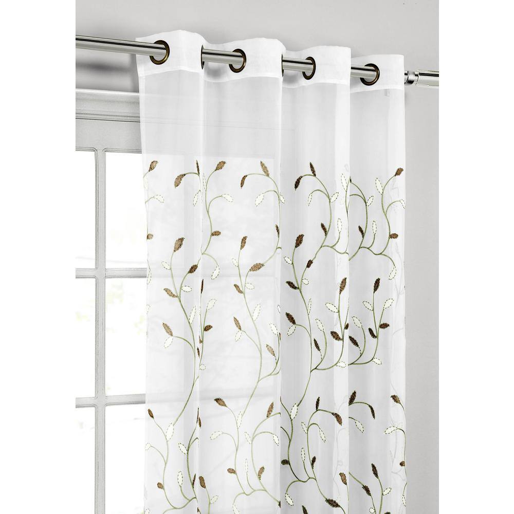 Brown Floral Embroidered Sheer Grommet Curtain Panel 54" x 84"