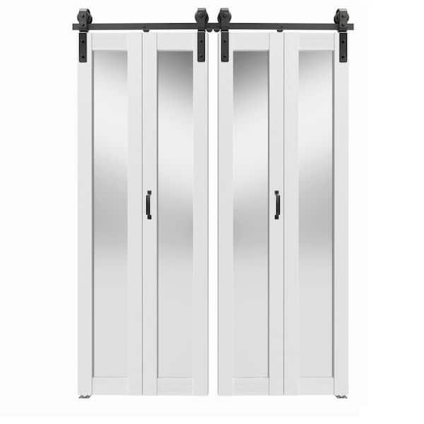 TENONER 60 in. x 84 in. White Tempered Mirrored Glass, MDF Bi-Fold Style, Full Lite Sliding Barn Door with Hardware Kit
