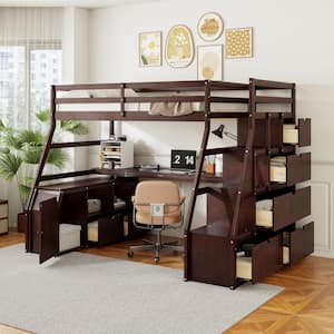 Full Size Loft Bed with 7 Drawers 2 Shelves and Desk - Espresso