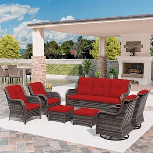 Brown 7-Piece Wicker Outdoor Patio Conversation Set Sectional Sofa with Red Cushions