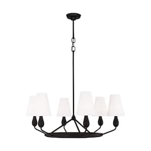 Ziba 32 in. W x 34.75 in. H 6-Light Aged Iron Medium Dimmable Chandelier with White Linen Fabric Shades
