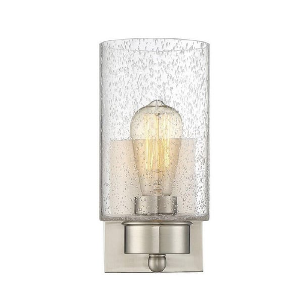 Savoy House Meridian 5 in. W x 10.5 in. H 1-Light Brushed Nickel Wall Sconce with Clear Seeded Glass Shade
