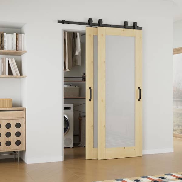 ARK DESIGN 52 in. x 80 in. 1-Lite Frosted Glass Unfinished Solid Core Pine Wood Sliding Barn Door with Hardware Kit Bypass