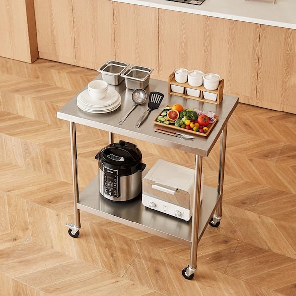 Stainless Steel Work Table 30 x 36 x 38 In. Silver Kitchen Prep Table with 4 Wheels, 3 Adjustable Height Levels