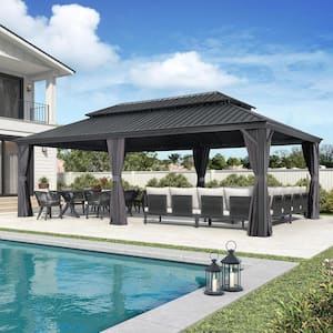 14 ft. x 24 ft. Gray Aluminum Hardtop Gazebo Canopy for Patio Deck Backyard Heavy-Duty with Netting and Upgrade Curtains